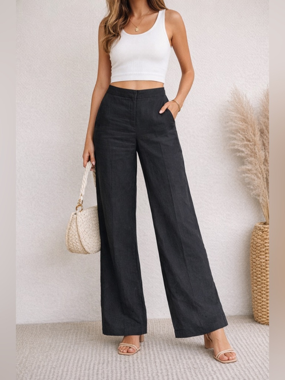 Thread & Willow Linen Blend Wide Leg Pants Split Hem High Rise Trousers Euro